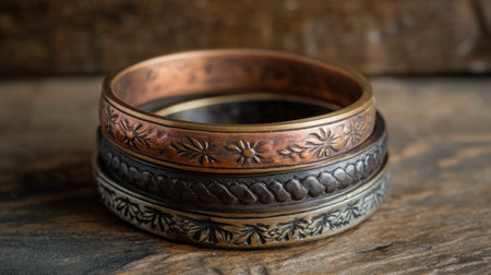 Close-up of elegant, handcrafted metal bangles featuring intricate designs, resting on a rustic wooden surface, emphasizing the unique craftsmanship.の素材