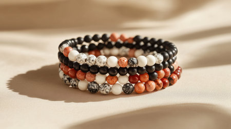 A collection of vibrant beaded bracelets featuring various colors and textures, displayed on a softly lit surface. Perfect for fashion and lifestyle themes.の素材