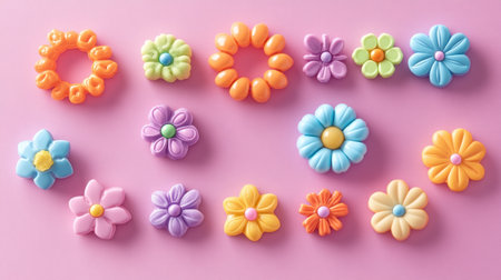 This vibrant collection of flower-inspired accessories features playful and colorful designs on a soft pink background, showcasing creativity and charm.の素材