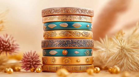 This stunning image features a stack of colorful bangles adorned with intricate patterns, perfect for showcasing elegant jewelry design and style.の素材