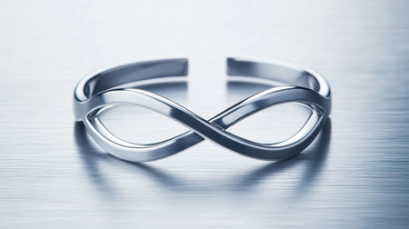 This image showcases an elegant silver infinity bracelet featuring a smooth and reflective finish set against a textured background. Perfect for showcasing style and elegance.の素材