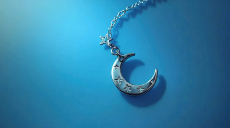 This stunning silver crescent moon pendant with a star charm hangs gracefully against a blue background, showcasing its intricate design and elegance.の素材