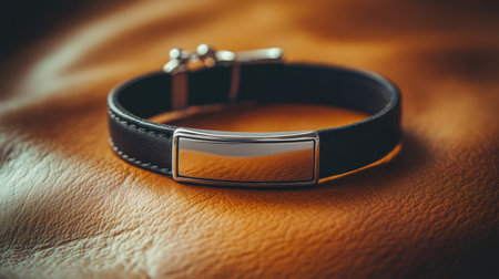 This elegant leather bracelet features a sleek reflective metal plate, set against a warm leather backdrop, perfect for men and women seeking style.の素材