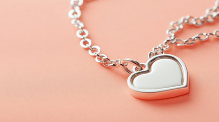 A beautiful silver heart necklace rests on a soft coral background, showcasing intricate details and a romantic theme suitable for fashion and jewelry photography.の素材