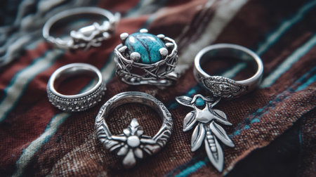 A stunning display of assorted silver rings featuring a vibrant turquoise gemstone, artistically arranged on textured fabric. Perfect for showcasing elegance and creativity.の素材