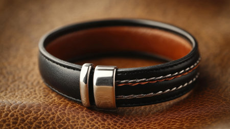 This elegant black leather bracelet features a stylish silver clasp, showcasing exquisite craftsmanship on a rich brown leather background.の素材