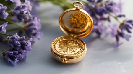 This captivating image showcases a vintage gold locket featuring an intricate floral design, resting on a softly lit surface next to fragrant lavender flowers, embodying elegance and nostalgia.の素材