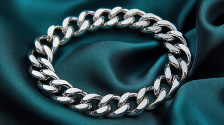 This stunning silver chain bracelet rests elegantly on a lush green satin fabric. The intricate design and glossy finish highlight its fashion appeal, ideal for showcasing luxury jewelry.の素材
