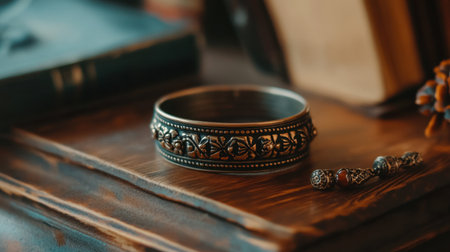 This striking vintage silver bracelet features intricate designs, showcasing exceptional craftsmanship. Placed on a warm wooden surface, it reflects light beautifully, making it an ideal addition to jewelry collections or a thoughtful gift.の素材