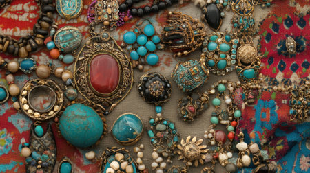 Explore a stunning collection of vintage jewelry showcasing intricate gold designs and vibrant turquoise stones on a beautifully patterned fabric backdrop.の素材