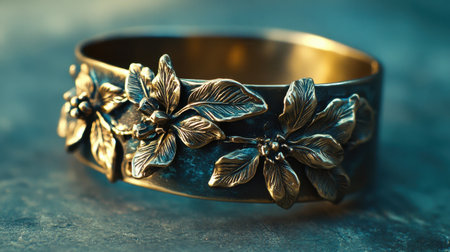 This stunning vintage bracelet features intricately designed flowers and leaves, captured against a soft blue backdrop, showcasing exquisite craftsmanship.の素材