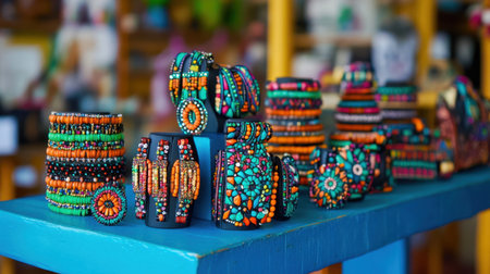This image showcases a stunning display of colorful handcrafted pottery and decorative items arranged in a vibrant artisan market stall, highlighting intricate patterns and designs.の素材