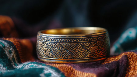 Close-up view of an ornate brass ring featuring intricate patterns resting on richly colored fabric. This image highlights artistry and craftsmanship, perfect for jewelry enthusiasts.の素材