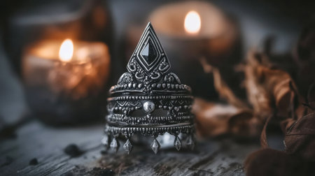 A stunning silver ring showcasing intricate designs, set against a backdrop of softly glowing candles and autumn leaves, creating an enchanting atmosphere.の素材