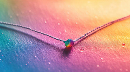 A stunning close-up view of a delicate rainbow bead on a string, set against a colorful background with shimmering water droplets. Perfect for showcasing elegance and creativity in jewelry design.の素材