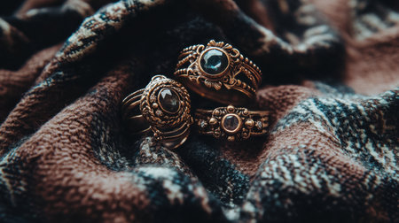 This image showcases vintage golden rings adorned with dark stones, elegantly displayed on a textured fabric background, evoking warmth and style.の素材