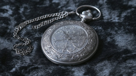 This antique silver pocket watch features intricate floral engravings, capturing a timeless elegance and rich history ideal for collectors or decor.の素材