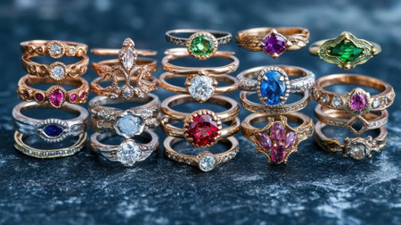 A stunning collection of assorted rings featuring colorful gemstones set in intricate designs. Perfect for jewelry enthusiasts and fashion lovers.の素材