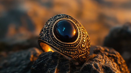 A stunning vintage ring featuring a dark gemstone, intricately designed in a detailed metal band. Set against rocky textures, this image captures a moment at sunset, highlighting the jewelry's elegance and beauty.の素材