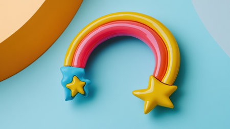 This vibrant rainbow decoration features playful stars on a soft blue surface, perfect for imaginative designs and cheerful themes. Ideal for kids' spaces.の素材