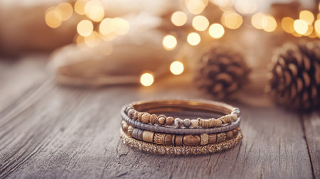 This image features an elegant stack of fashion bracelets resting on a rustic wooden surface, accented by warm bokeh lights and decorative pine cones, perfect for holiday themes.の素材