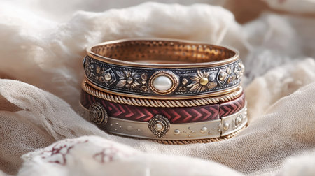 A stunning arrangement of intricately designed bangles stacked elegantly on soft beige fabric. Showcasing craftsmanship and vibrant colors in natural light, this image captures the beauty of jewelry that complements timeless fashion.の素材