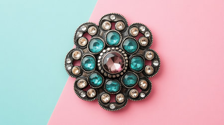 This vintage brooch features a stunning arrangement of turquoise and pink gemstones, set against a pastel background. Perfect for adding charm to any outfit.の素材