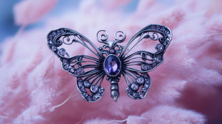 A stunning butterfly brooch showcases intricate silver craftsmanship adorned with a captivating purple gemstone, set against a soft pink background.の素材