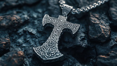 This stunning silver necklace features an intricate Celtic cross design, beautifully crafted and set against a textured black background, emphasizing its elegance.の素材