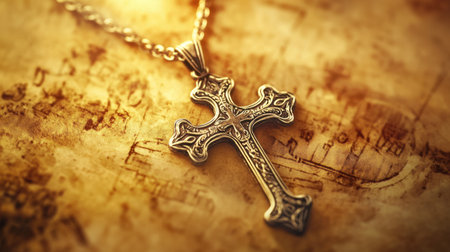 A beautifully crafted silver cross necklace rests on a vintage paper background, illuminated by warm light and showcasing intricate details that highlight its craftsmanship and symbolism.の素材