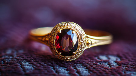 This stunning vintage gold ring features a deep red gemstone, set against a soft purple background, highlighting its intricate craftsmanship and elegant design.の素材