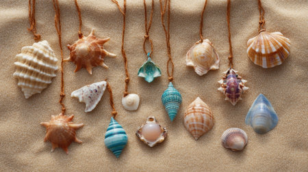 This stunning image showcases an artistic arrangement of various seashells suspended on strings, set against a soft sandy backdrop, highlighting nature's beauty.の素材