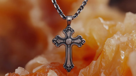 A stunning silver cross necklace delicately hangs against a backdrop of warm-toned natural stone. This artistic composition highlights the intricate design and shines beautifully, making it perfect for both personal adornment and gifting.の素材