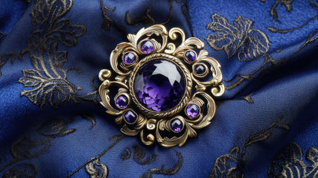 A stunning vintage brooch featuring a prominent purple gemstone set against luxurious blue fabric with intricate floral patterns, exuding elegance and charm.の素材