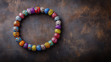 A stunning arrangement of colorful handcrafted beads featuring unique patterns on a dark surface, perfect for jewelry designs and creative crafts.の素材