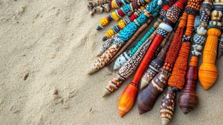 A vibrant display of colorful handcrafted beads and shells arranged artistically on a sandy beach, capturing the essence of coastal creativity and beauty.の素材