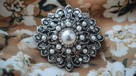 This stunning vintage brooch features a delicate arrangement of pearls and intricate detailing, set against a backdrop of floral fabric, embodying timeless elegance.の素材