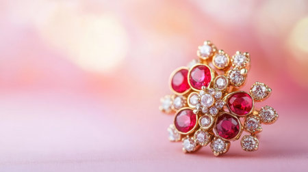 This stunning vintage brooch features an intricate design of red gemstones and sparkling diamonds, perfect for adding elegance to any outfit.の素材