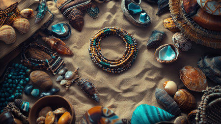 This captivating image showcases a variety of seashells, vibrant jewelry pieces, and beach treasures arranged beautifully on soft sand, reflecting natural beauty.の素材