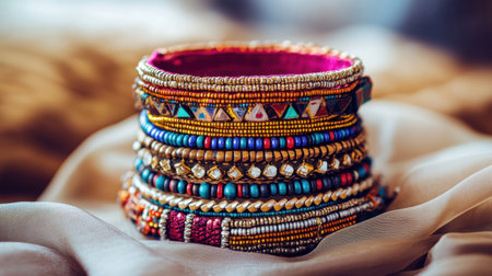 A stunning stack of colorful bangles resting on soft fabric, showcasing intricate designs and vibrant beads, perfect for any fashion enthusiast.の素材