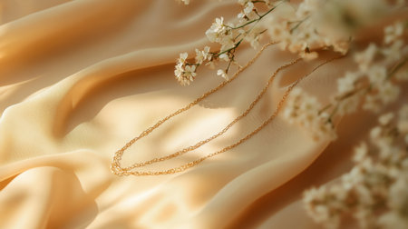 A stunning gold necklace rests gracefully on soft beige fabric, adorned with delicate white flowers, creating a serene and elegant fashion composition.の素材