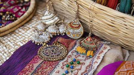This image captures a beautiful assortment of vintage jewelry displayed on vibrant woven fabric, showcasing intricate designs and cultural motifs. Perfect for highlighting craftsmanship.の素材