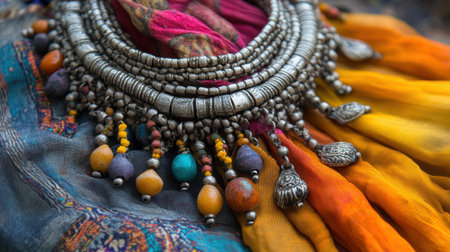 A stunning display of intricate silver jewelry featuring colorful beads, set against vibrant fabrics. This close-up showcases traditional craftsmanship and cultural beauty.の素材