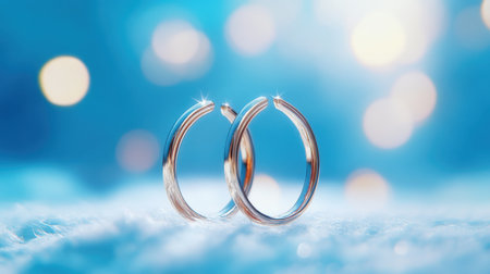 Two elegant wedding rings sit on a soft surface, surrounded by a sparkling bokeh background, symbolizing love and commitment in a romantic setting.の素材