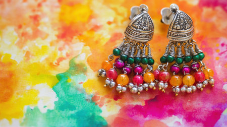 This image showcases stunning traditional silver earrings featuring colorful beads, set against a lively watercolor background, perfect for fashion and jewelry enthusiasts.の素材