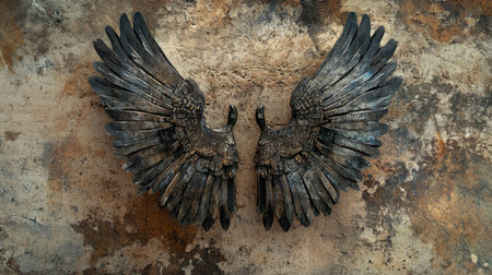 This striking metal sculpture features large wings with intricate detailing, creating a stunning focal point for any wall. Ideal for artistic decor.の素材
