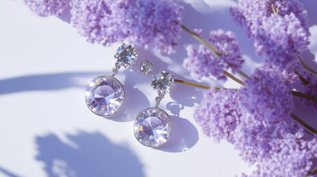 Beautifully designed earrings featuring dazzling crystals, elegantly arranged amidst delicate purple flowers, creating a harmonious blend of nature and luxury.の素材