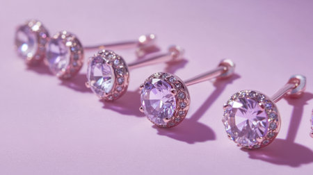 A stunning collection of rose gold earrings featuring sparkling purple stones against a soft pink background, perfect for fashion enthusiasts and stylish occasions.の素材