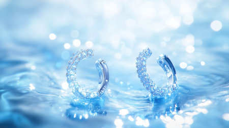 A captivating image featuring sparkling silver earrings resting on a shimmering water surface. The soft blue bokeh background adds an elegant touch.の素材