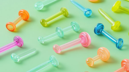 This image showcases an assortment of colorful plastic toy weights arranged on a soft light green background, perfect for children's play and creative activities.の素材
